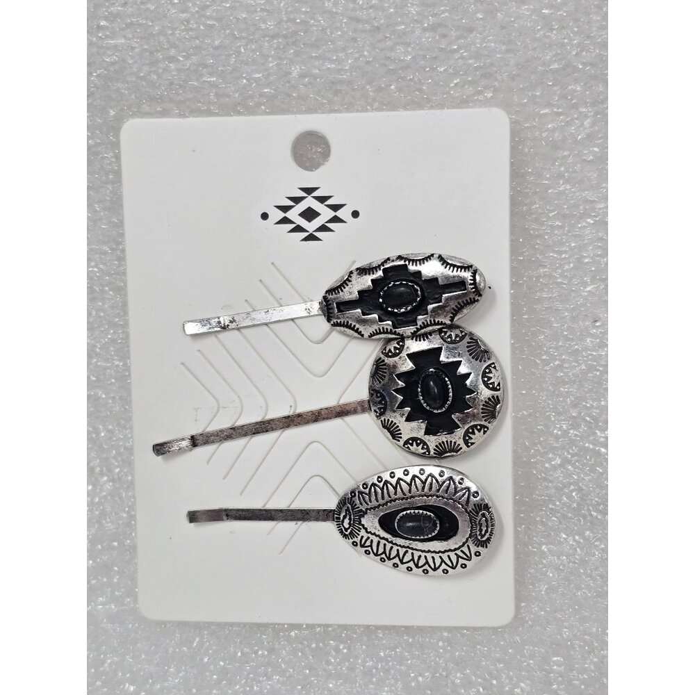 Southwestern Style Silver Tone & Black Hair Pins Set Of 3